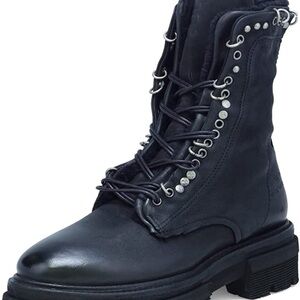 A.S.98 Black Leather Stud Lace-Up Ankle Boot